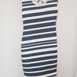 Blue and white striped tank style bodycon dress
